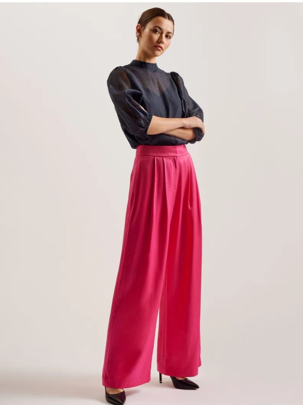 New! Ted Baker Wide-Leg Satin Trousers in Fuchsia